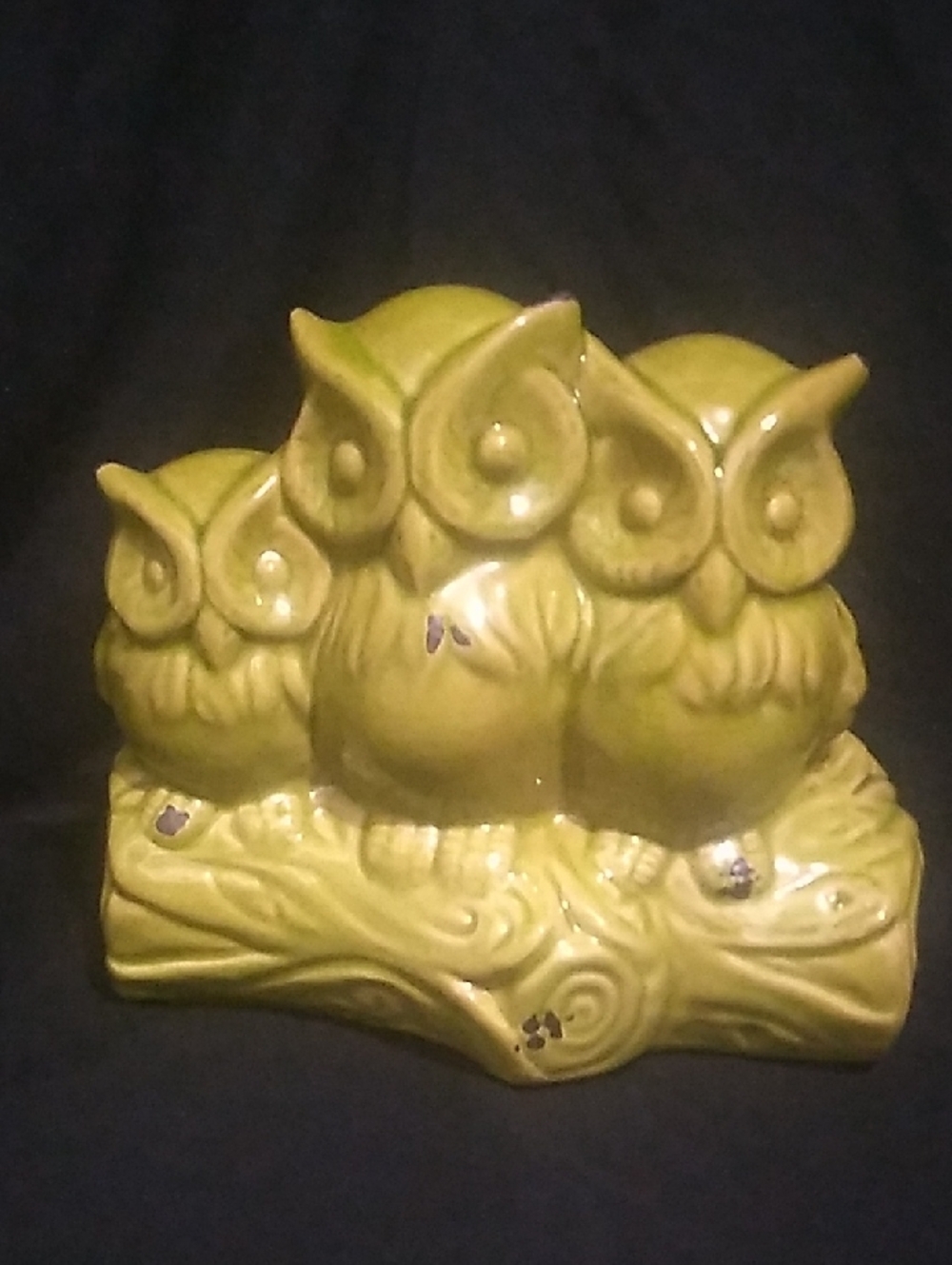 Vintage Ceramic Trio of Owls Green Glaze Figurine (B7) - Picture 2 of 11
